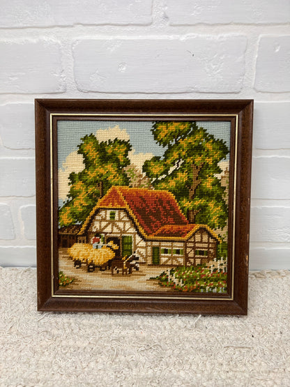 Vintage Needlepoint Farm Scene