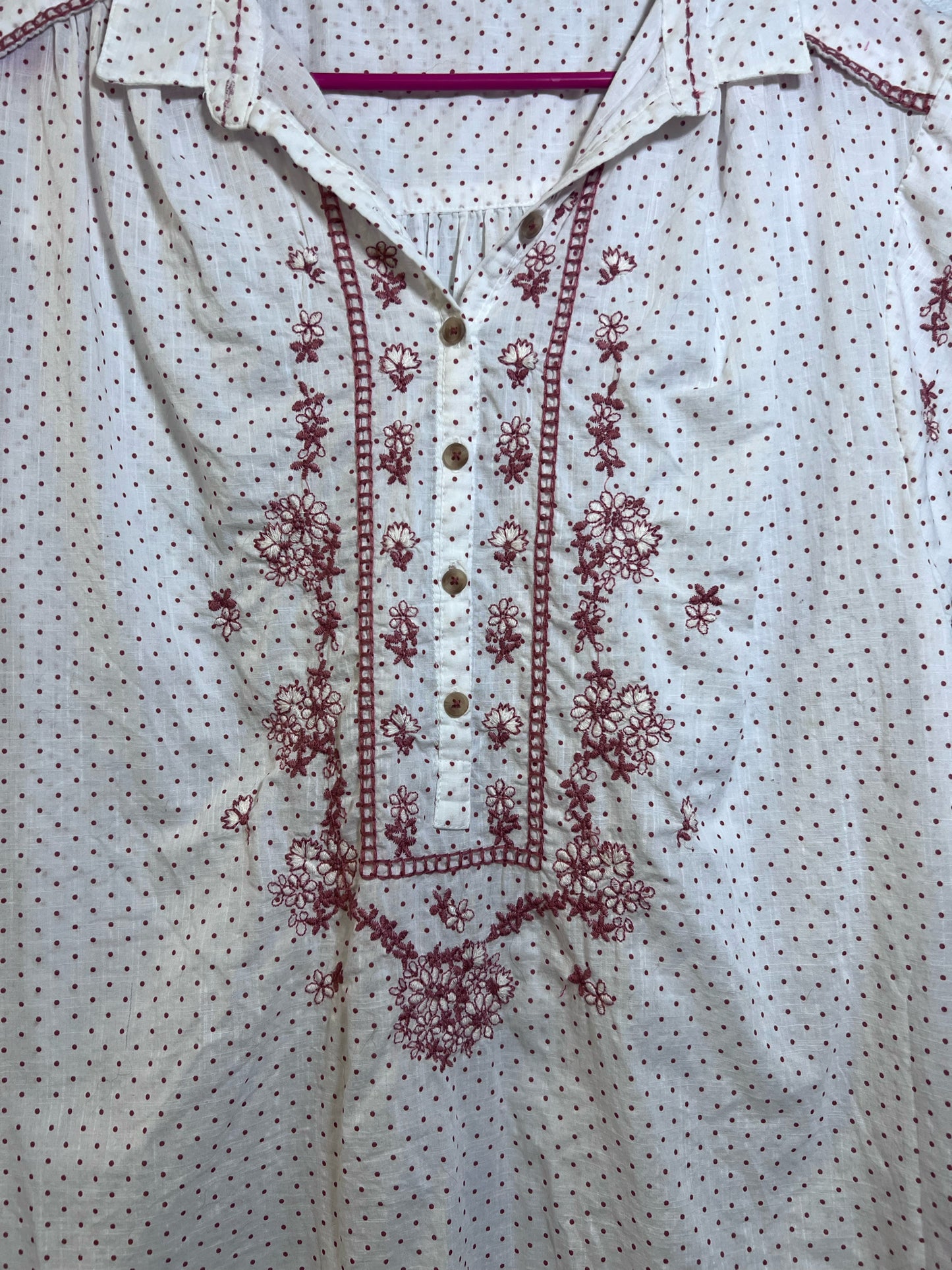 Size M Anthropologie Brown & White Dotted Embroidered Blouse