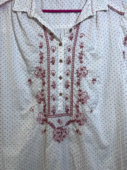 Size M Anthropologie Brown & White Dotted Embroidered Blouse