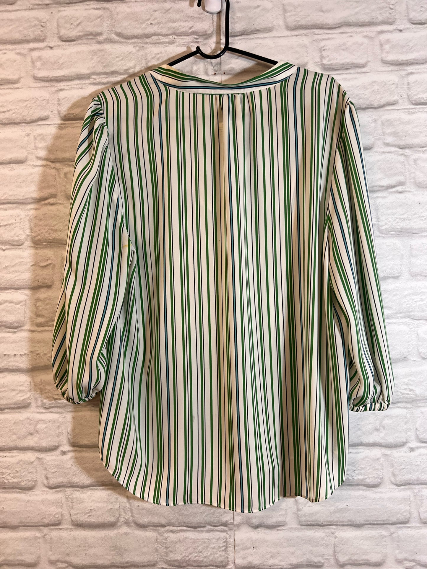 Size L CAbi Green White Blue Striped 3/4 Sleeve Blouse