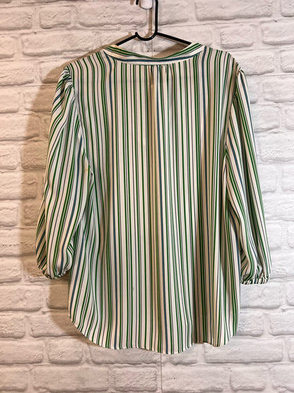 Size L CAbi Green White Blue Striped 3/4 Sleeve Blouse