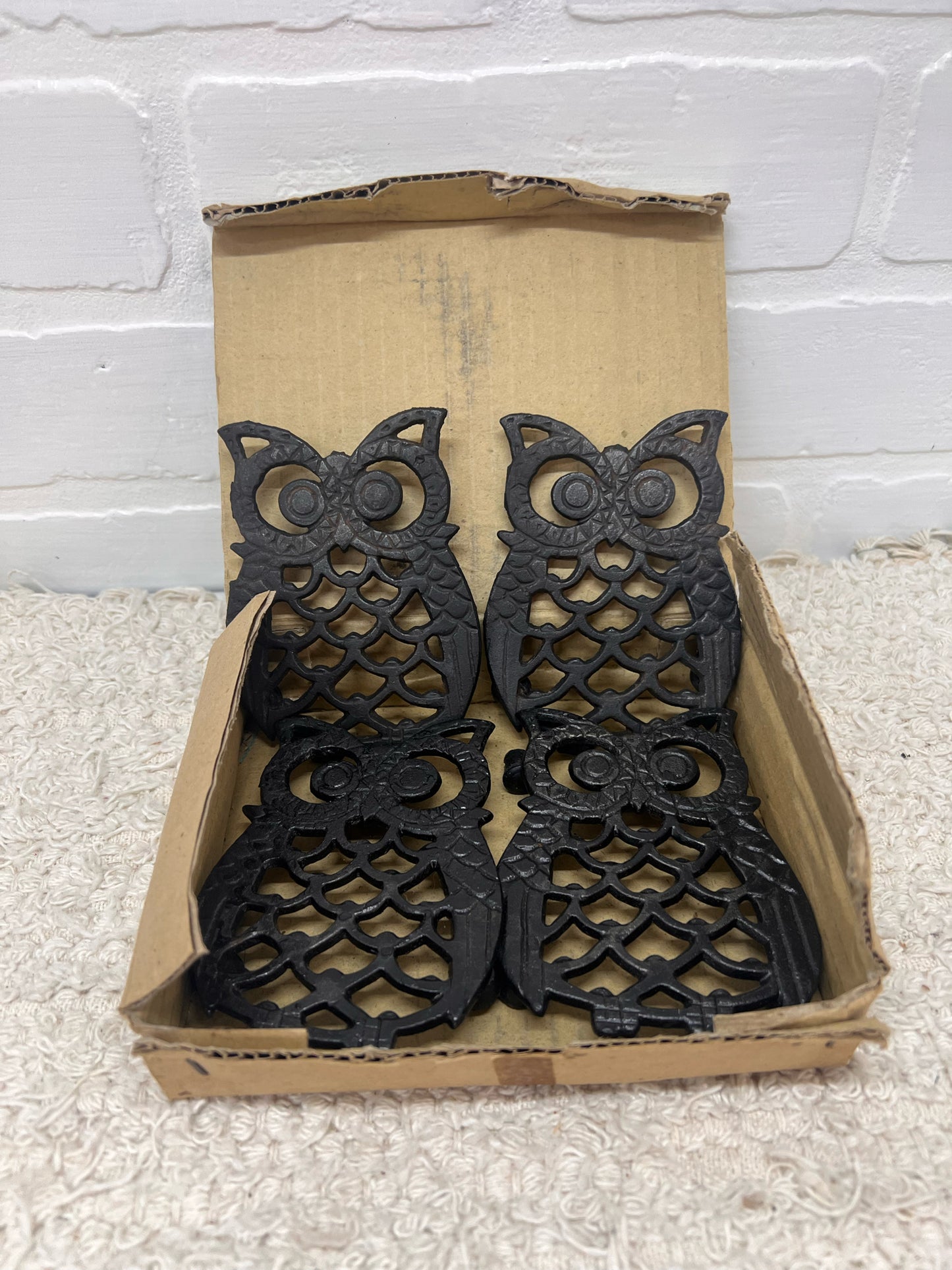 Vintage Metal Owl Trivet Set - Four 4 inch owls