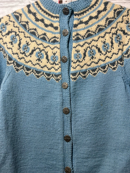 Size S Norway Design Blue, White & Gray Fair Isle Knit Wool Cardigan