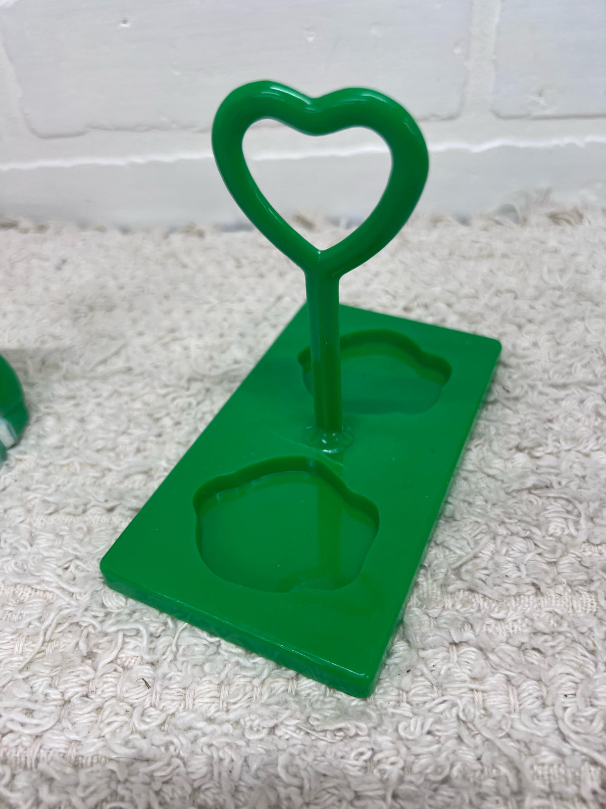Green Plastic Kitty Vintage Salt & Pepper Shakers w/ Original Stand