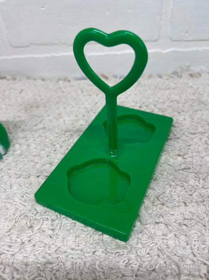 Green Plastic Kitty Vintage Salt & Pepper Shakers w/ Original Stand