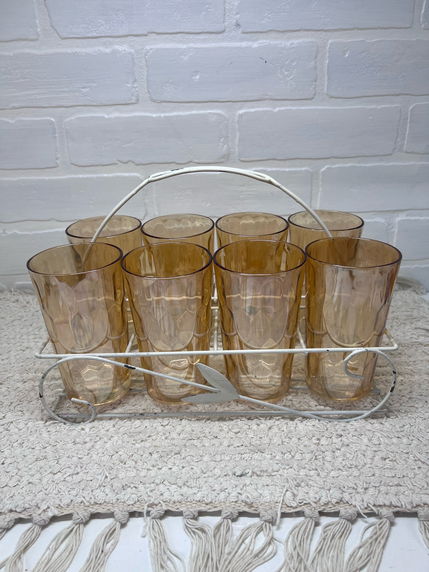 Jeannette Glass Glass set 8 orange glasses in caddy