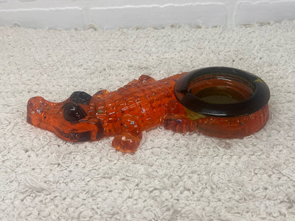 Vintage Lucite Alligator Ashtray - Orange Lucite with Green Glass Insert