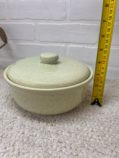 California Pottery MCM Mint Green Speckled Lidded Casserole Dish in Brass Caddy