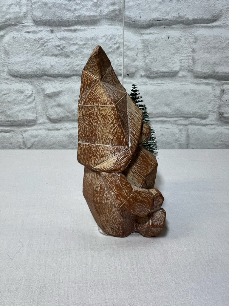 Faux wood carved gnome w/ bottlebrush tree