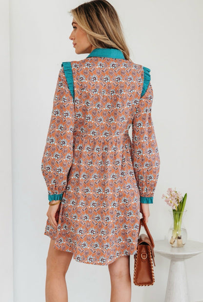 Orange Floral Contrast Collared Shirt Mini Dress