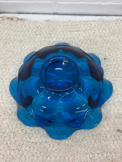 Viking Glass MCM Double Ruffle Blue Blown Glass Bowl