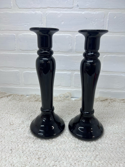 Vintage Black Art Glass Taper Candle Holders 10"