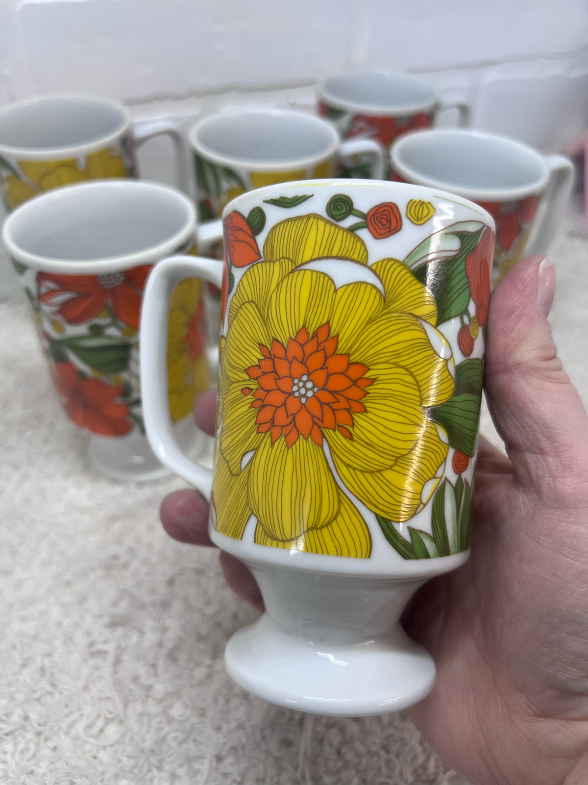 Set of 6 Circa 1970's Mod Flower Pedestal Mugs - Good Wood, Japan