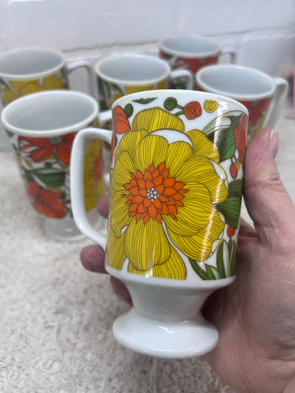 Set of 6 Circa 1970's Mod Flower Pedestal Mugs - Good Wood, Japan