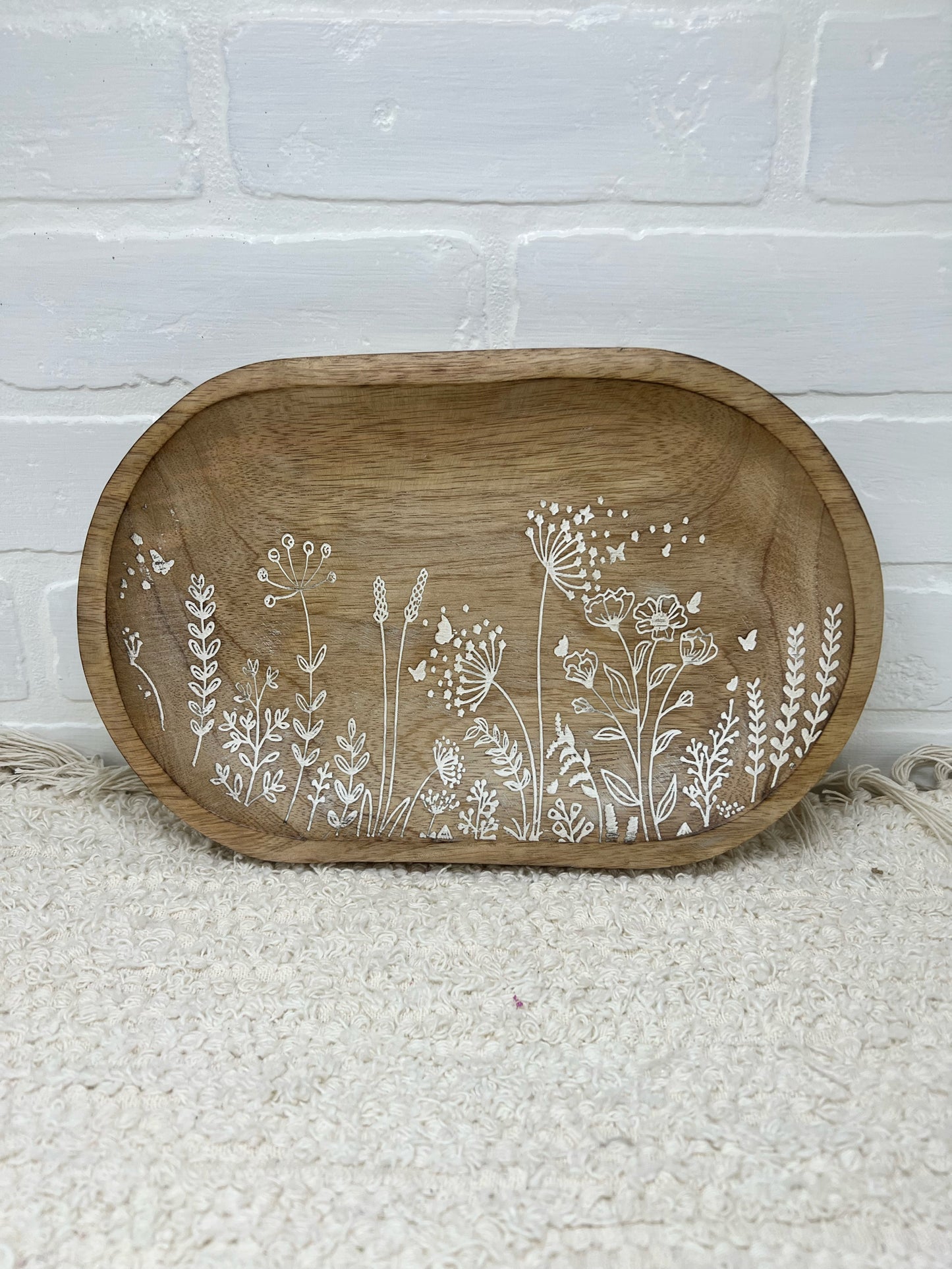 Flower Carved Wood Oval Plate