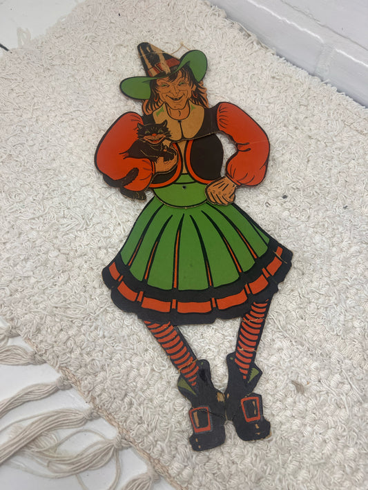 Vintage 1940's Beistle Wiggly Witch Cardboard/Cardstock Jointed Witch Cutout