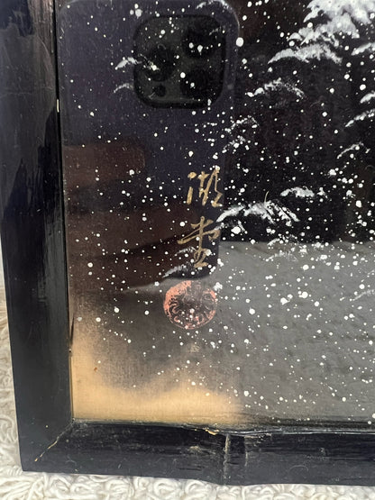 Vintage Framed Painting on Silk - Japanese Snowy Mountain Scene