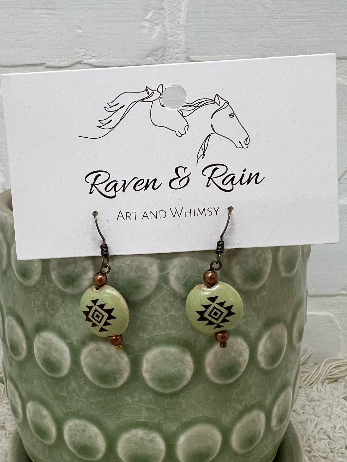 Southwest Style Ceramic Bead Dangle Earrings - Green, 1"