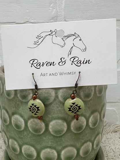 Southwest Style Ceramic Bead Dangle Earrings - Green, 1"