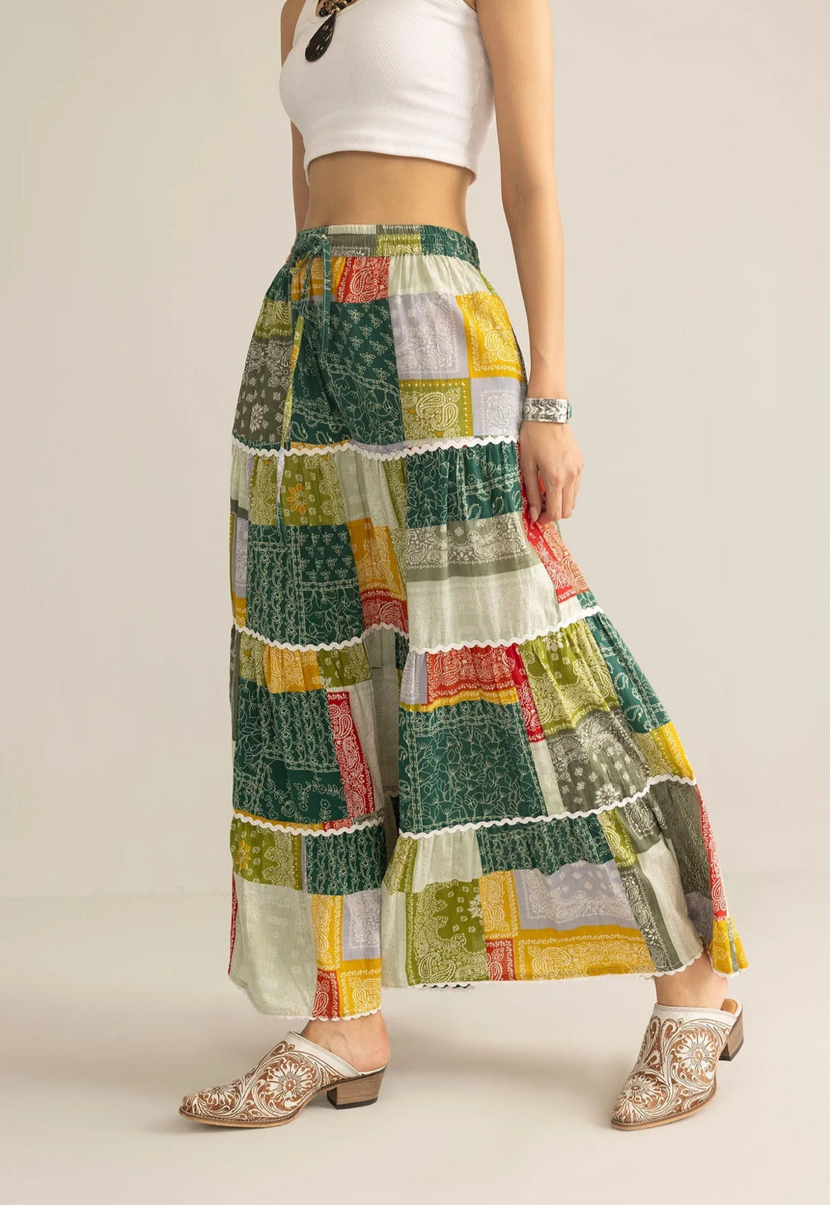 Junebug Patchwork Maxi Skirt in Green Multicolor Sizes S - XXXL