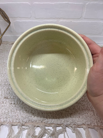 California Pottery MCM Mint Green Speckled Lidded Casserole Dish in Brass Caddy