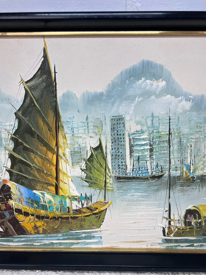 Vintage Framed Hong Kong Harbor Scene Original Painting