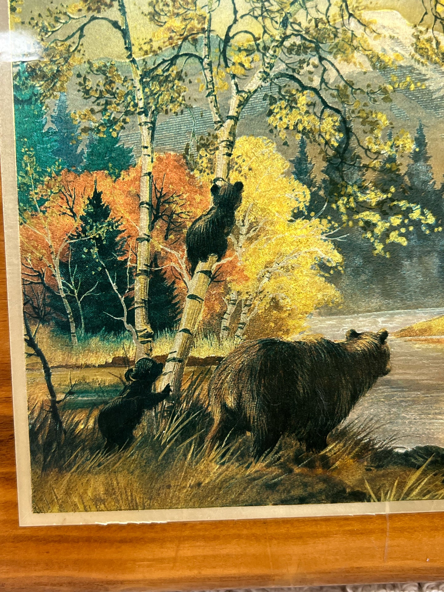 Vintage Foil Art Bear & Cubs Fall Scene on Wood