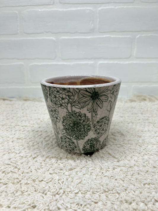 4" Green floral crackle flowerpot