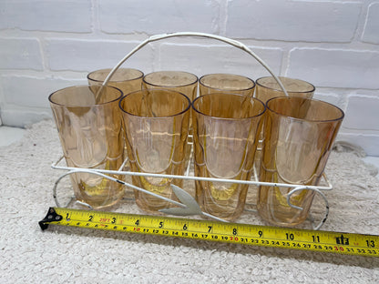Jeannette Glass Glass set 8 orange glasses in caddy