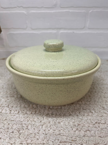 California Pottery MCM Mint Green Speckled Lidded Casserole Dish in Brass Caddy