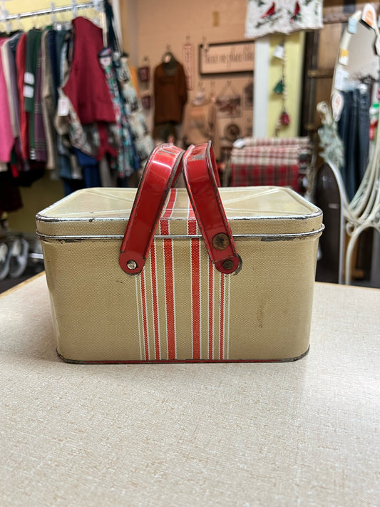 Vintage striped metal lunch tin/mini picnic basket