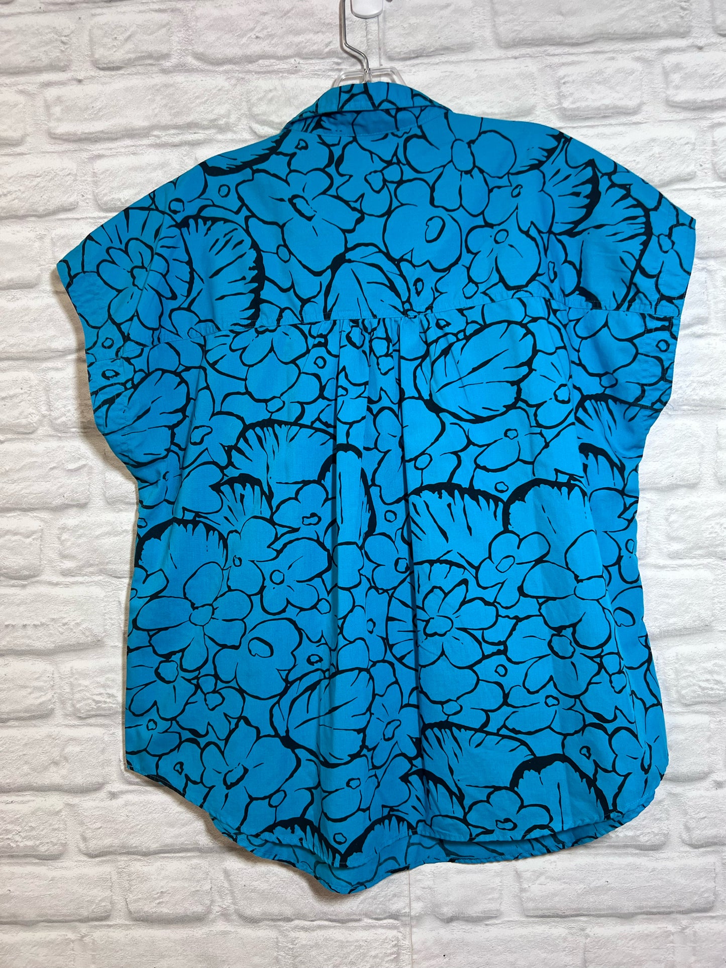 Size 40 Golden Wings Turquoise Floral Cotton Blouse - 1980s