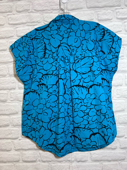 Size 40 Golden Wings Turquoise Floral Cotton Blouse - 1980s
