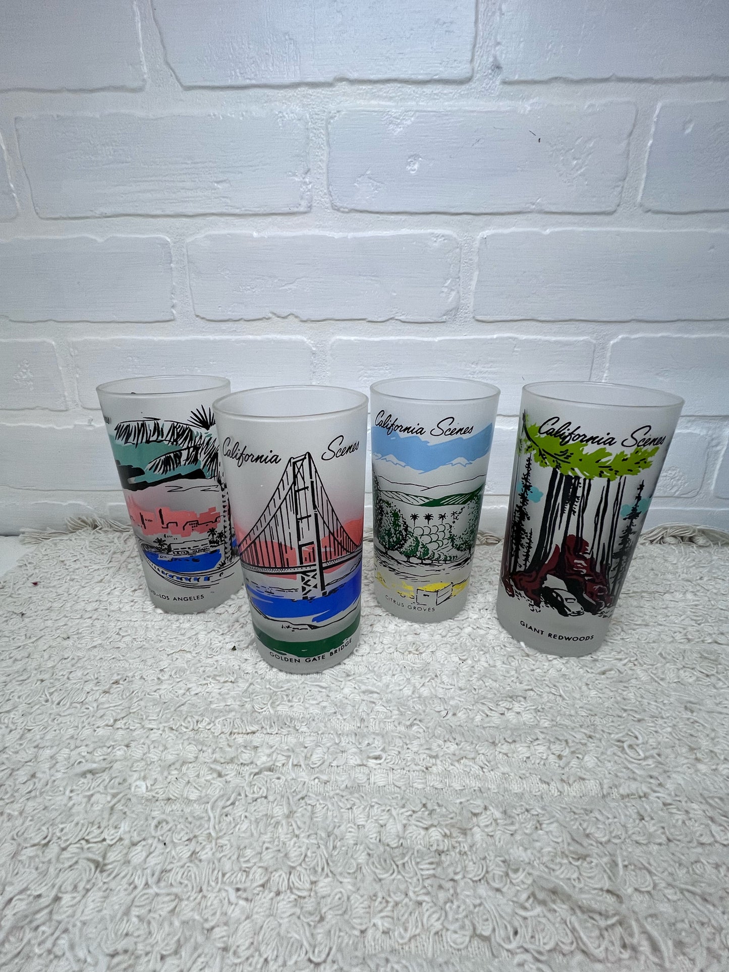 Vintage California Scenes Frosted Glasses Set of 8 Original Wire Carrier MCM Bar