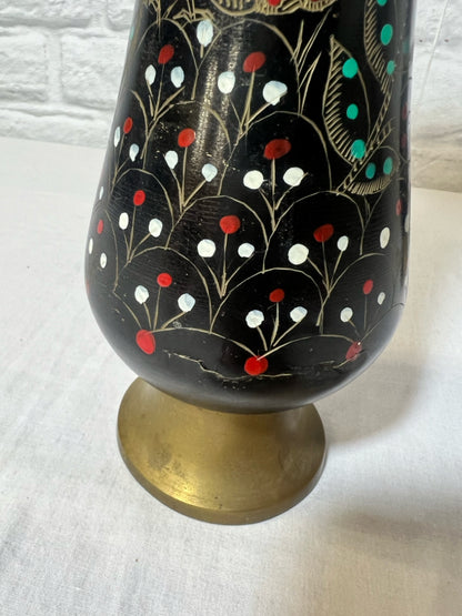 Set of two vintage painted brass peacock vases
