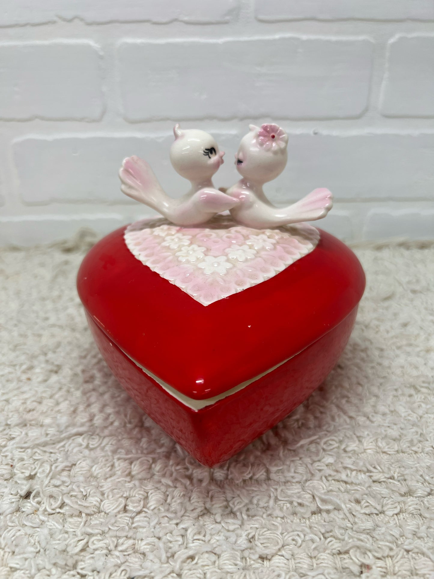 Lefton Heart-Shaped Lovebirds Candy Dish