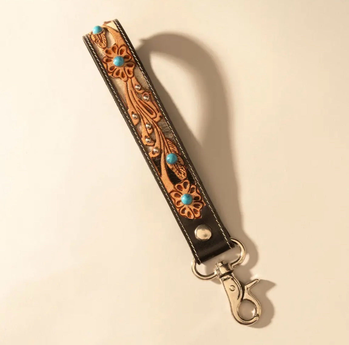 Myra Bag River Glen Handtooled Hairon Leather Key Fob in Espresso Turquoise