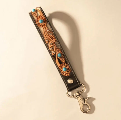 Myra Bag River Glen Handtooled Hairon Leather Key Fob in Espresso Turquoise