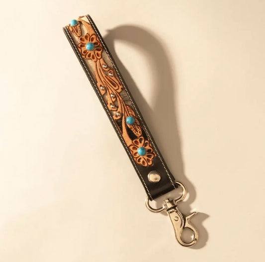 Myra Bag River Glen Handtooled Hairon Leather Key Fob in Espresso Turquoise