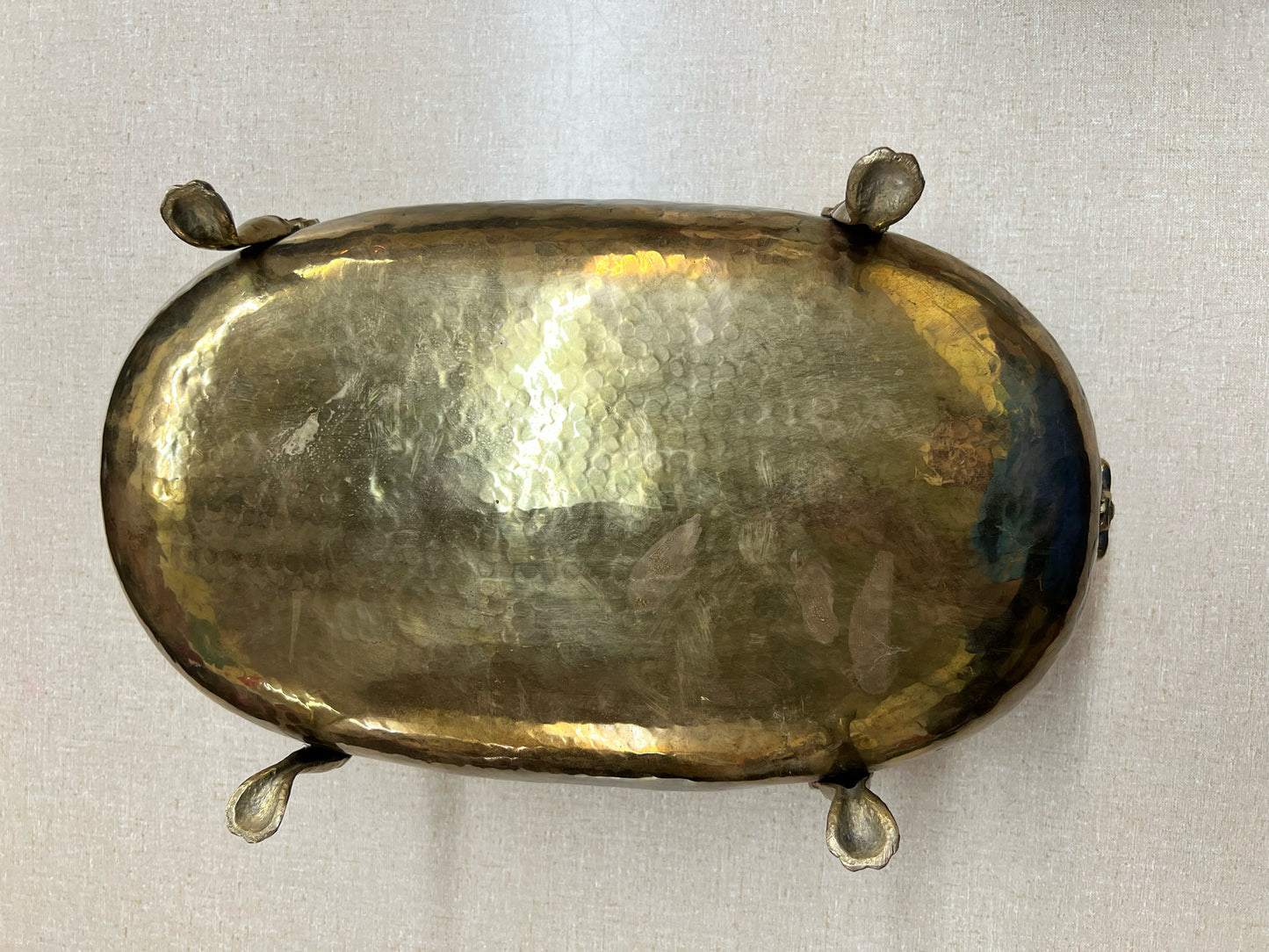 Footed hammered brass shallow oval planter