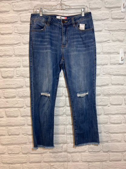 CAbi Size 8 High Rise Cropped Straight Leg Jeans, Distressed