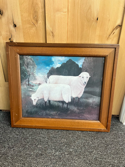 Elizabeth Gilkey framed folk art print 1988 sheep