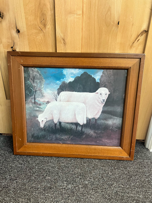 Elizabeth Gilkey framed folk art print 1988 sheep