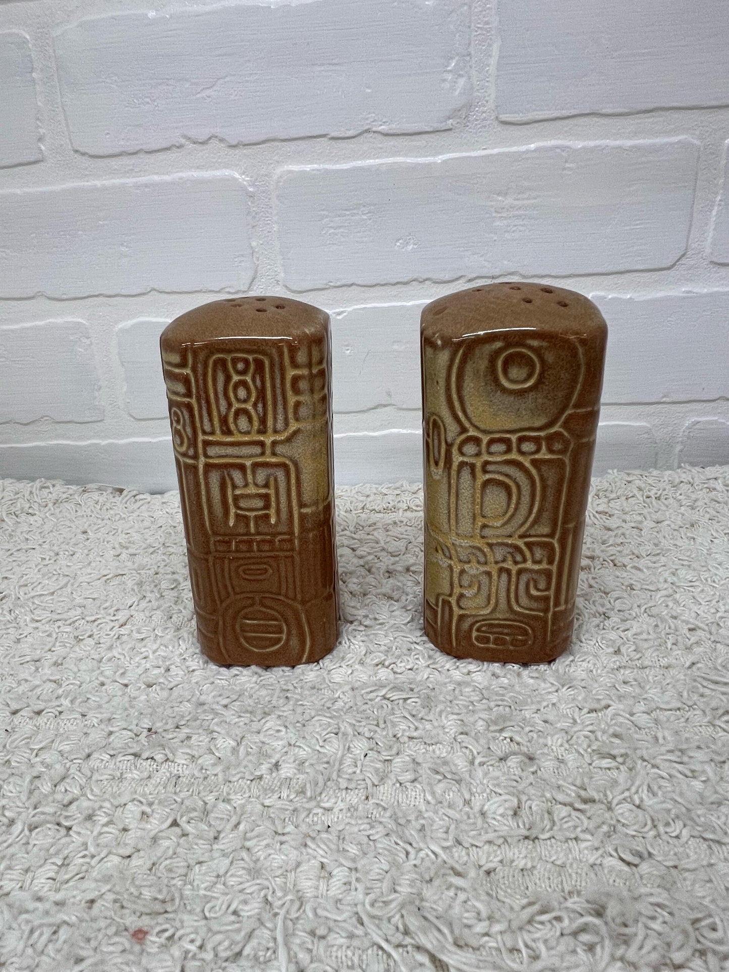 Frankoma Pottery Salt & Pepper Shaker Set in Aztec Mayan Pattern