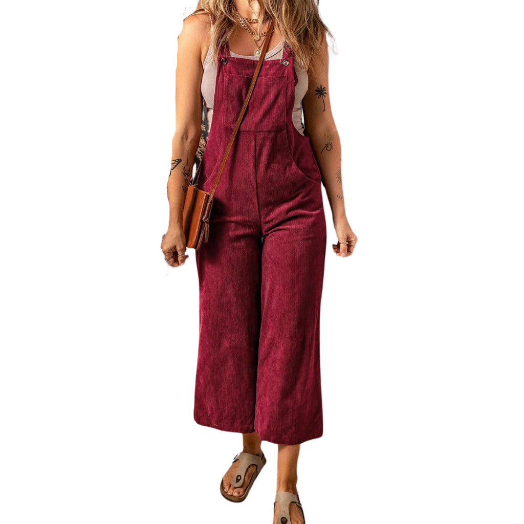 Fiery Red Corduroy Wide Leg Bib Overalls