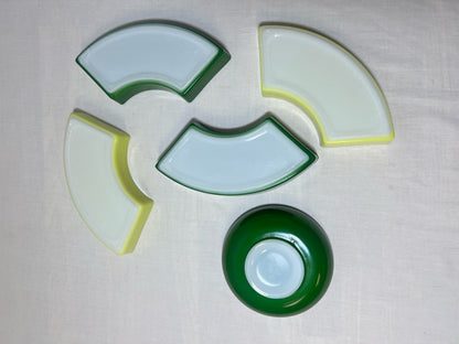 Vintage green and yellow milk glass snack set