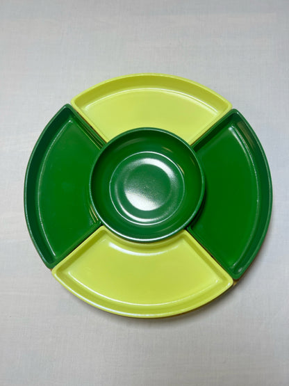 Vintage green and yellow milk glass snack set