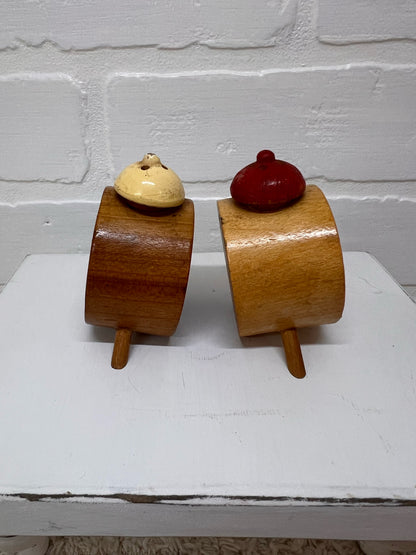 Vintage Anthropomorphic Alarm Clock Wooden Salt & Pepper Shakers