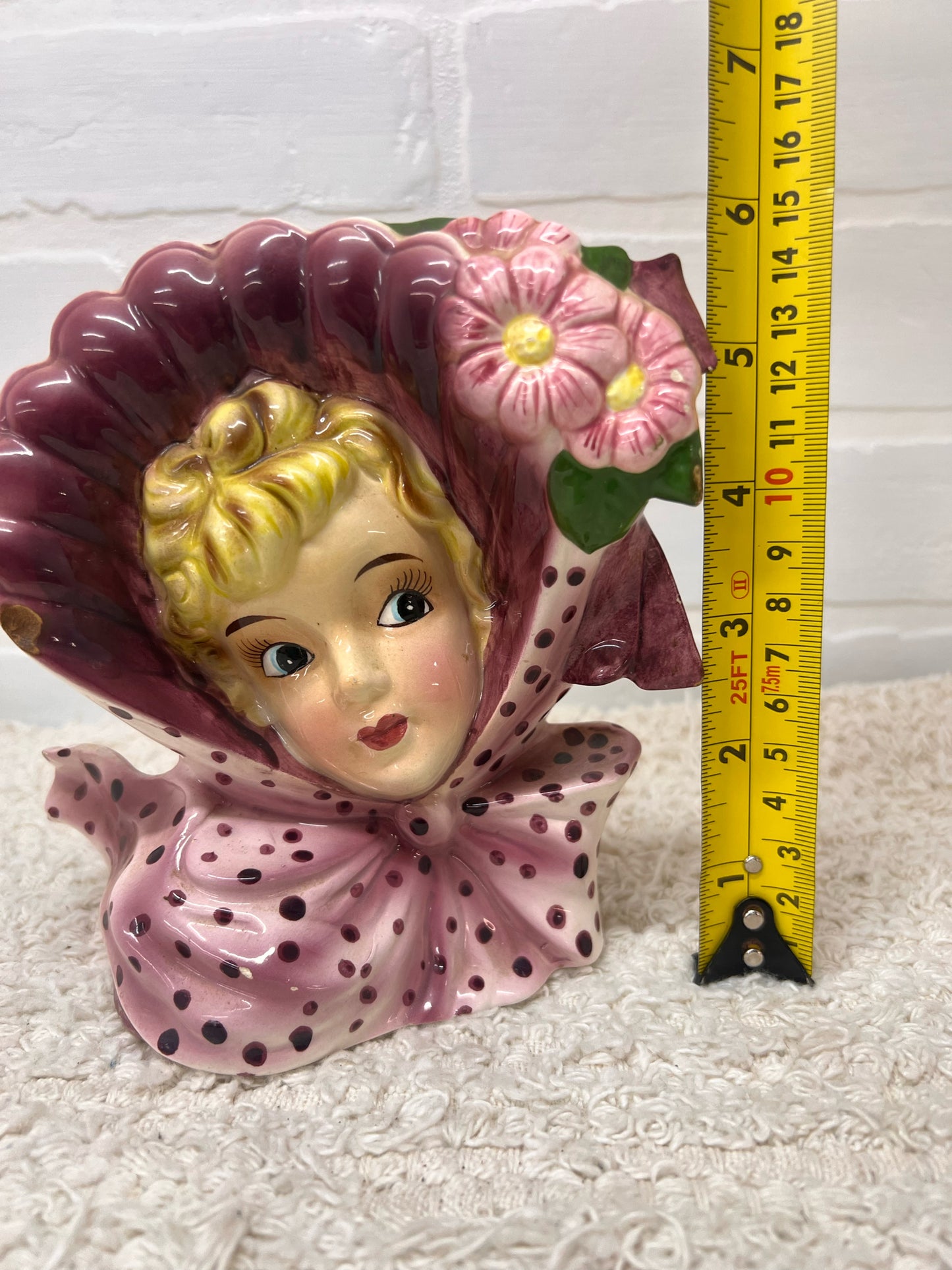 Ucagco Japan Vintage Lady Head Vase Southern Belle Pink Polka Dot