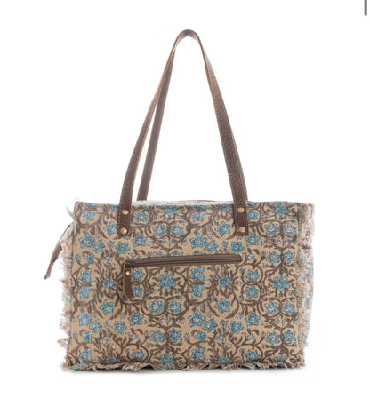 Myra Bag San Ysidro Falls Small Tote Bag – Floral Canvas & Leather Handbag with Frayed Edges and Zipper Pocket, 14"x10", Women’s Boho Everyday Bag